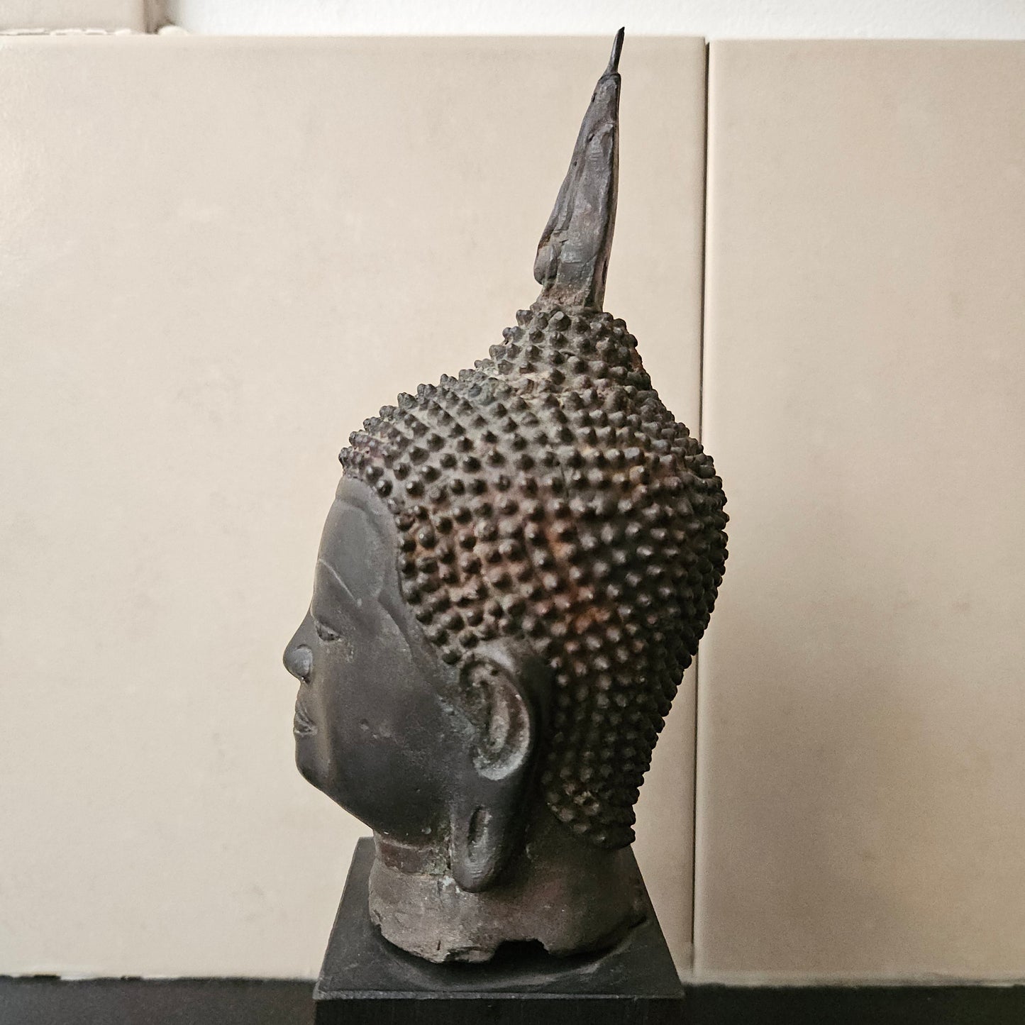 Antique Bronze Buddha Head On Plinth