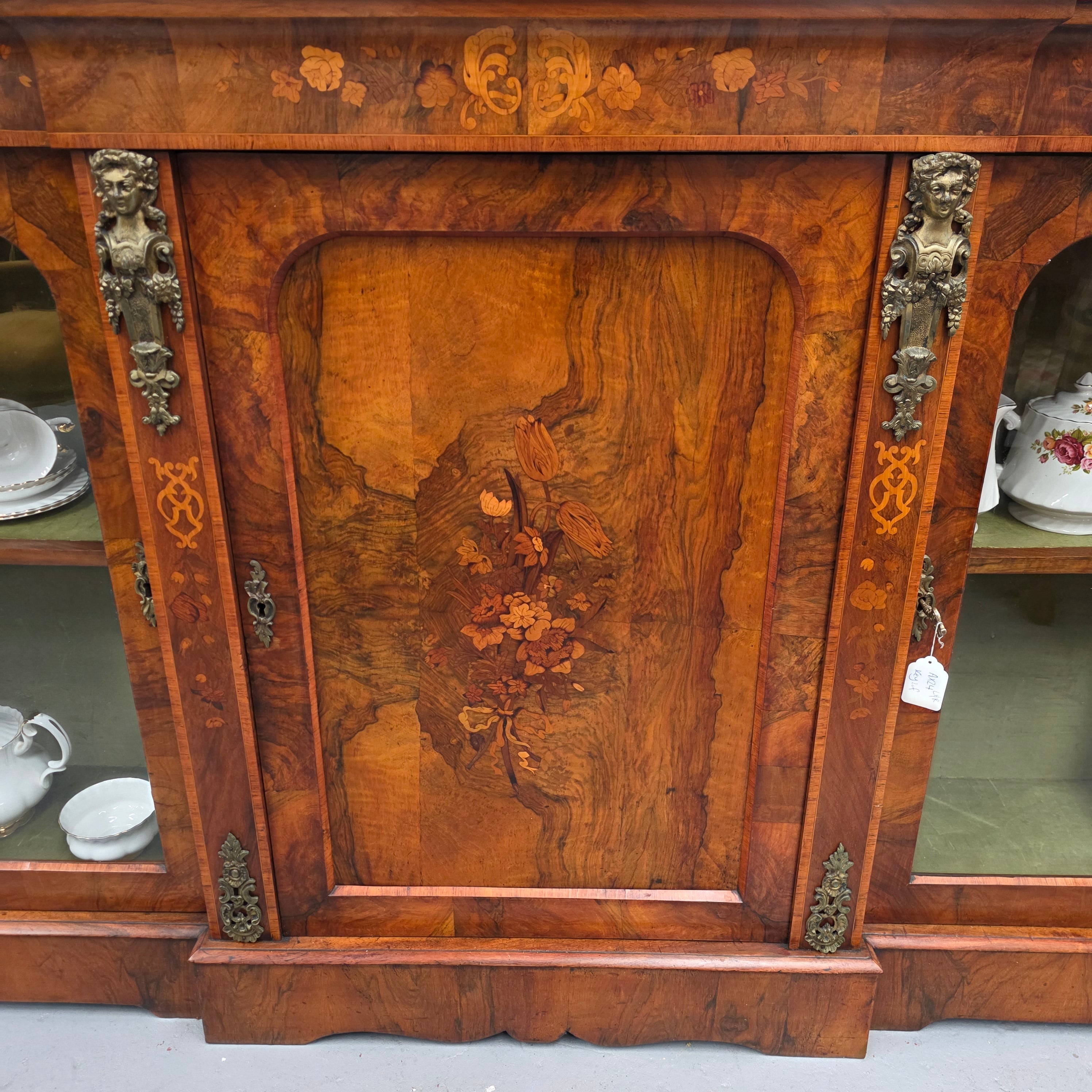 Outstanding Burr Walnut & Marquetry Antique Bookcase Credenza | Antique & Vintage | Moonee Ponds Antiques | Australia Wide