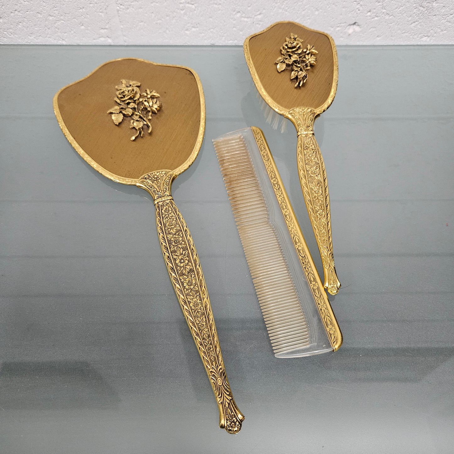 Gilt Brass Brush Mirror & Comb Set