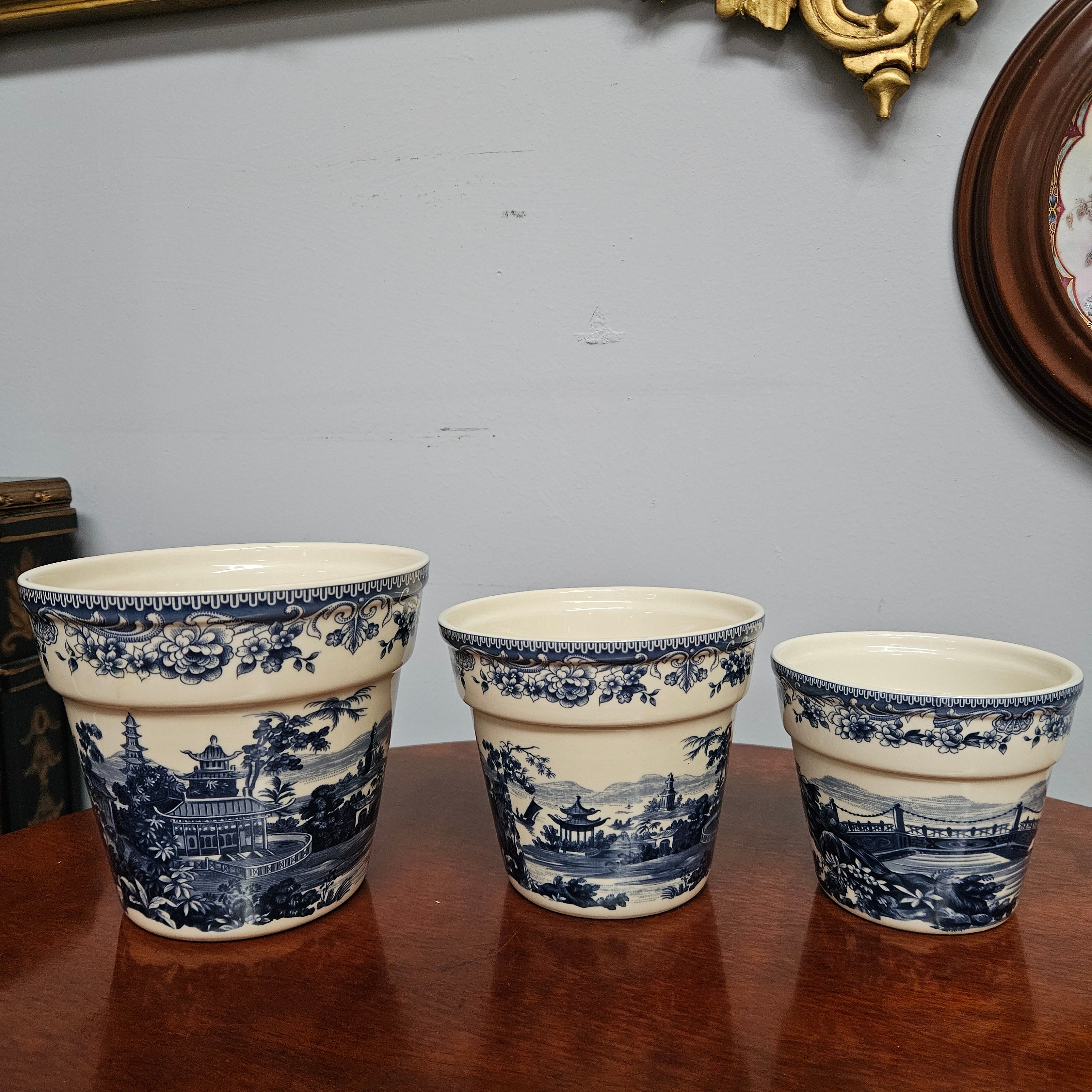 Vintage Set of Three Blue & White Planters