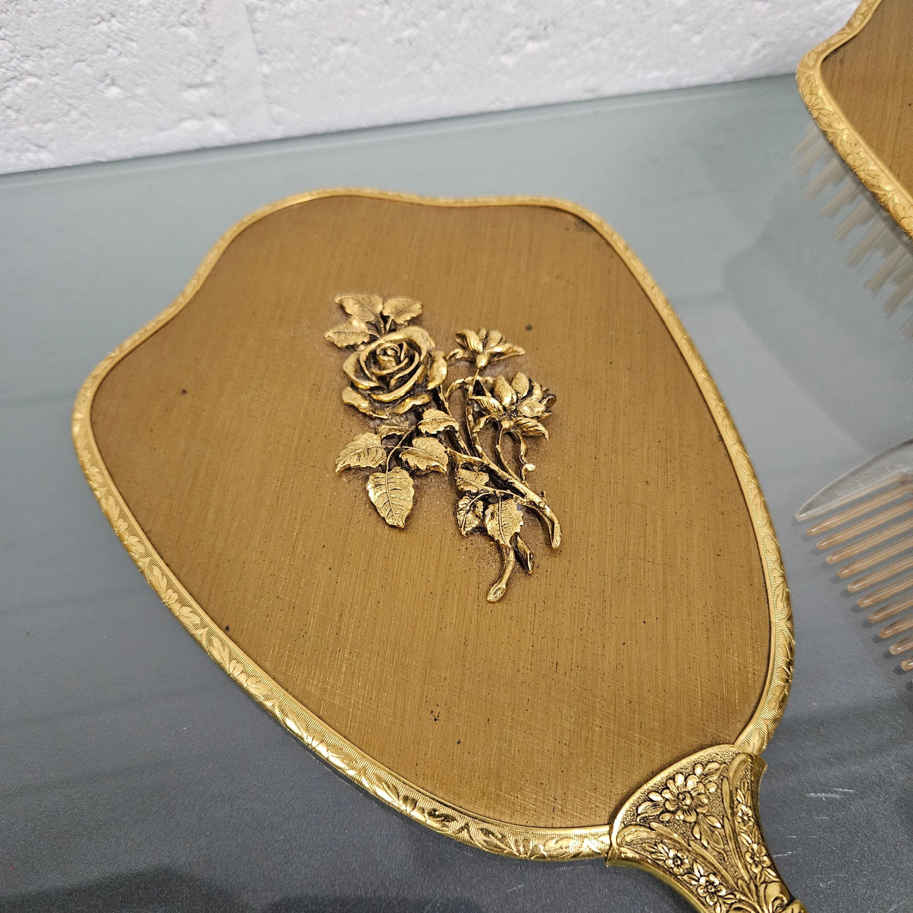 Gilt Brass Brush Mirror & Comb Set | Antique & Vintage | Moonee Ponds Antiques | Australia Wide Delivery