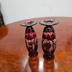Pair Of Vintage Ruby & Etched Miniature Glass Vase
