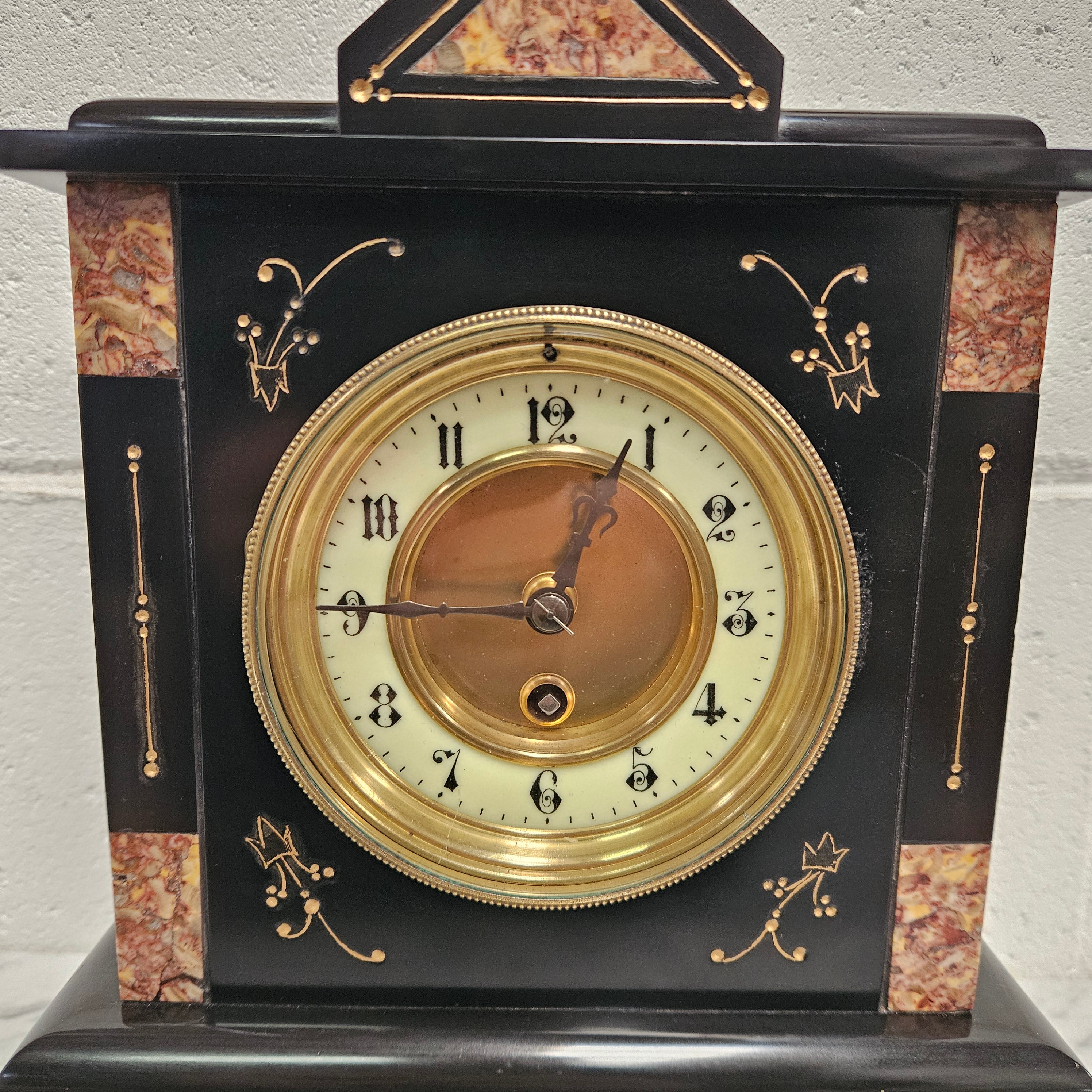 French Inlaid Marble Time Piece Clock Fully Serviced