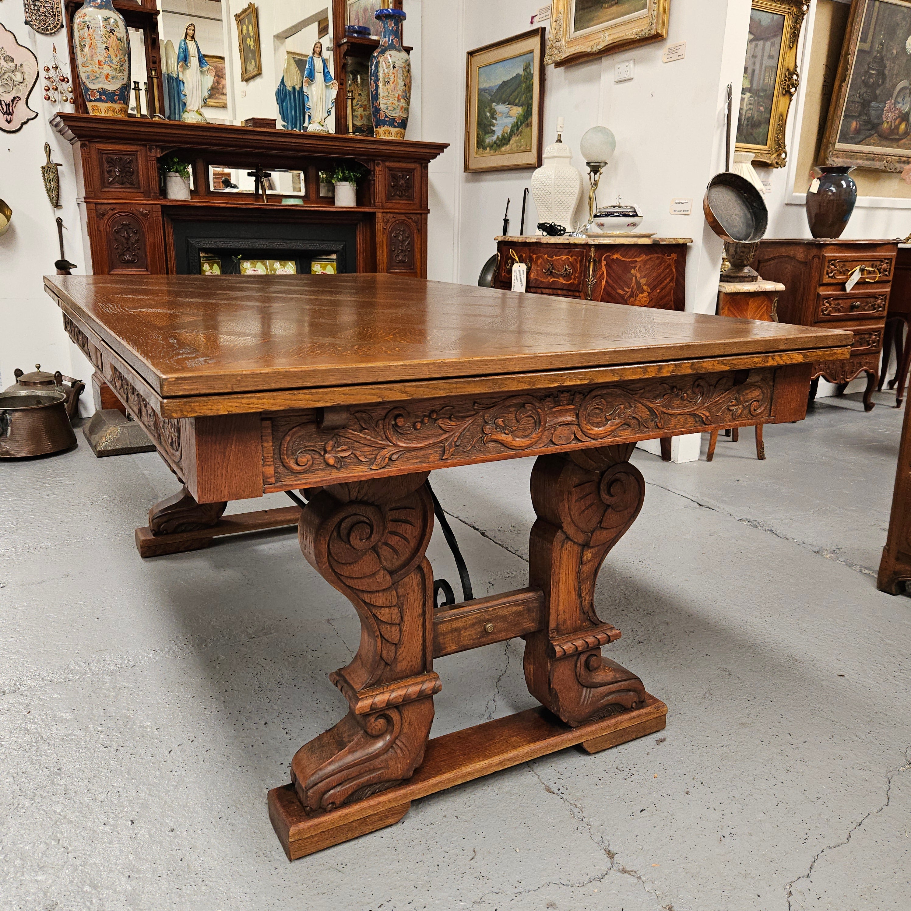 French Oak Spanish Style Parquetry Top Extension Dining Table | Antique & Vintage | Moonee Ponds Antiques | Australia Wide Delivery