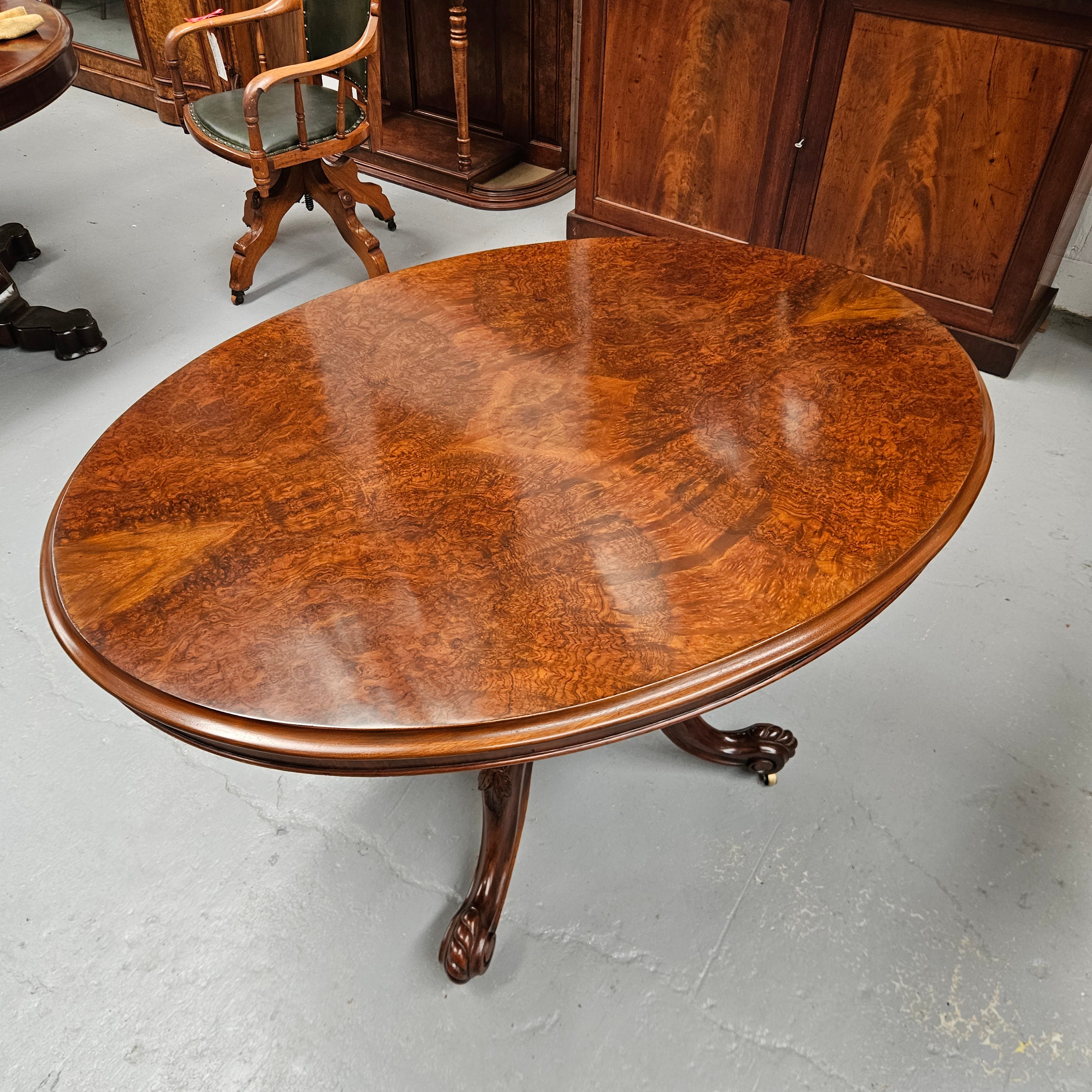 Mid Victorian Burr Walnut Oval Centre Table | Antique & Vintage | Moonee Ponds Antiques | Australia Wide Delivery