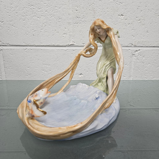 Rare PMP Dresden Plaue Schierholz Porzelain Art Nouveau Lady In Fish Pool