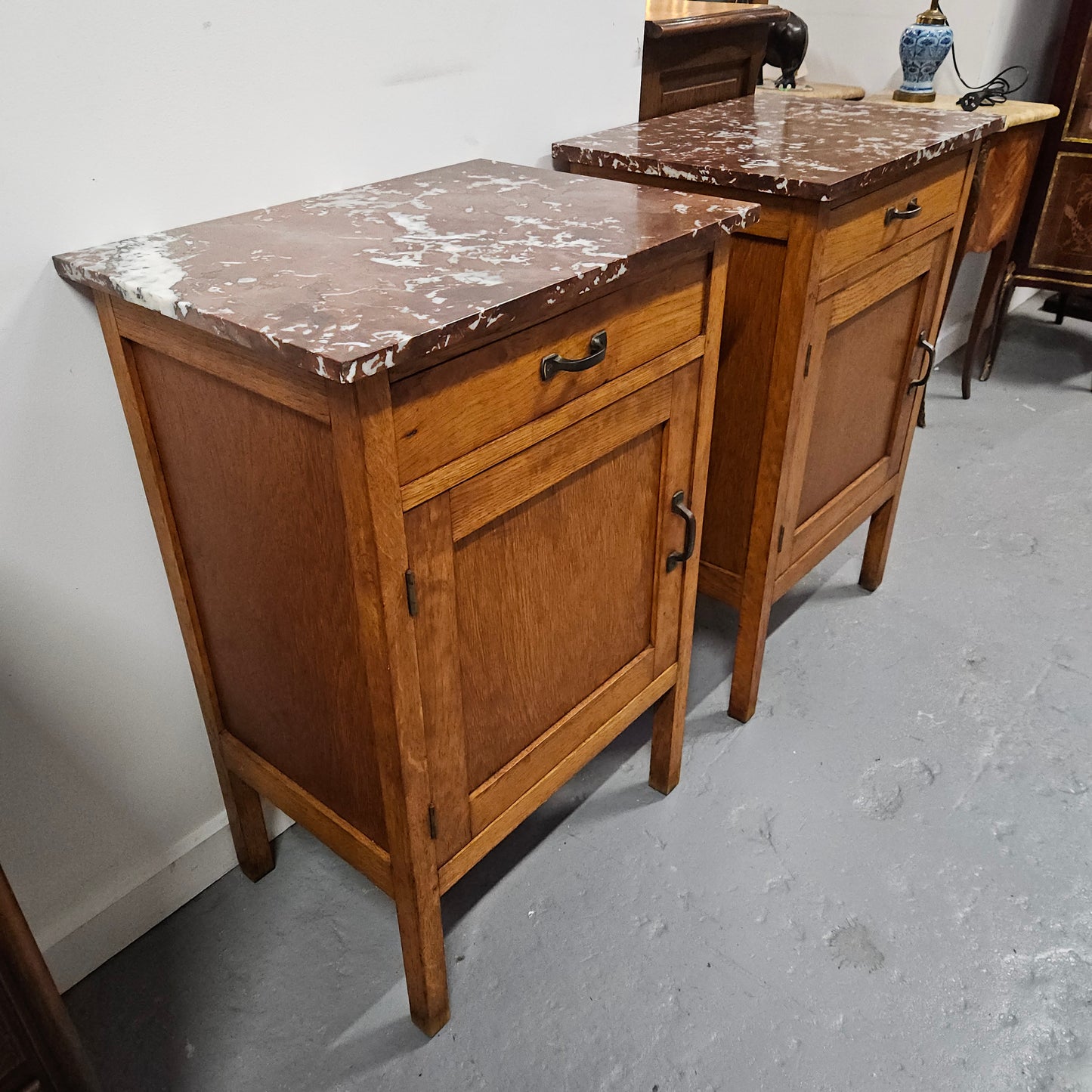 Oak Marble Top Side Cabinet With Drawer