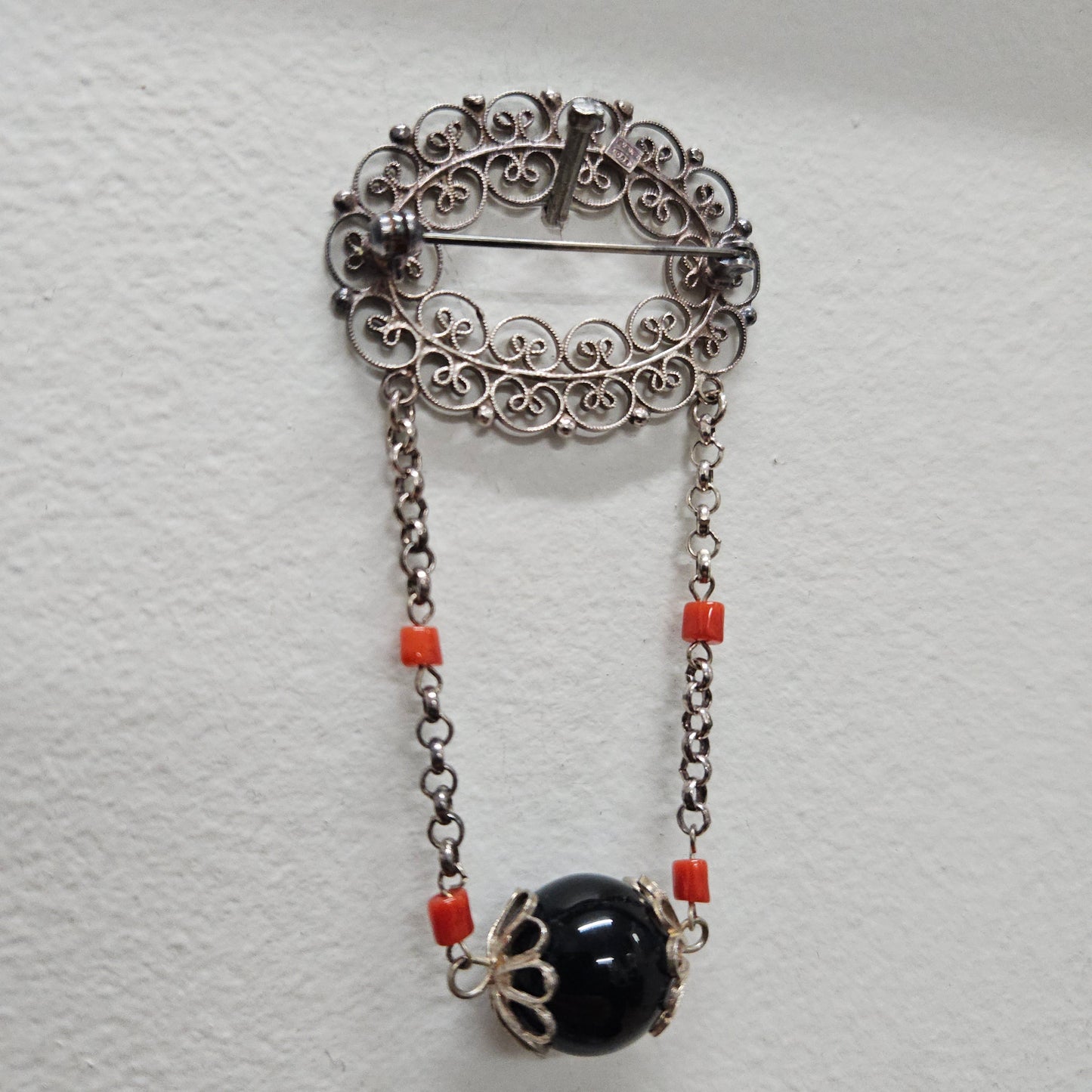 Silver Filigree And Bead Brooch