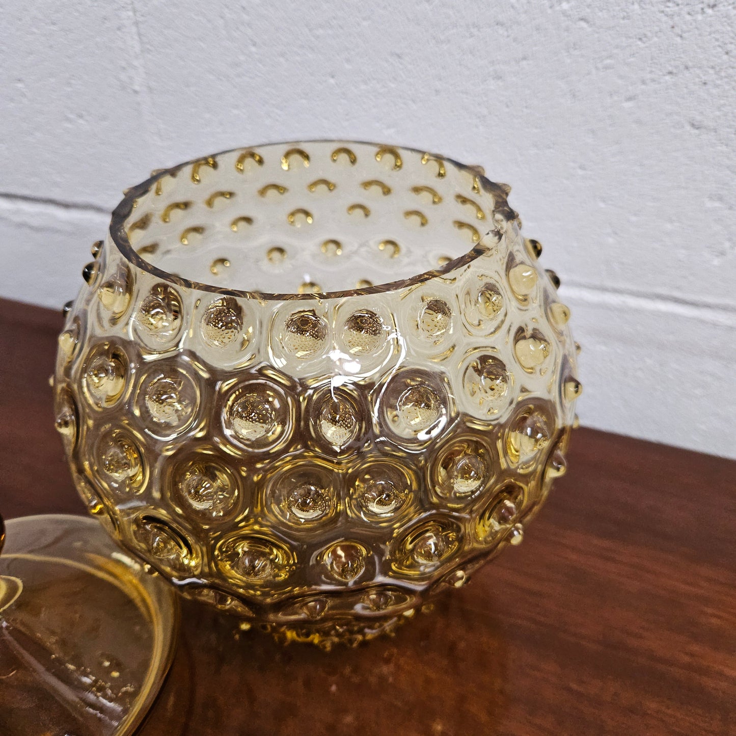 Mid-Century Amber Modern Hobnail Glass Container