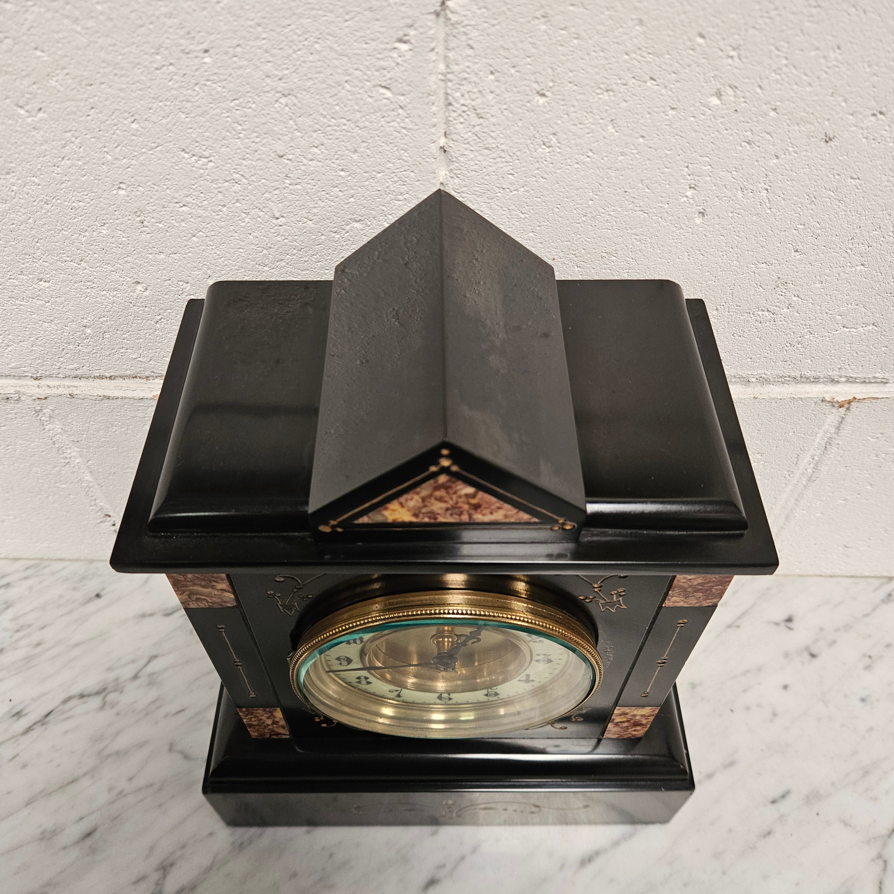 French Inlaid Marble Time Piece Clock Fully Serviced