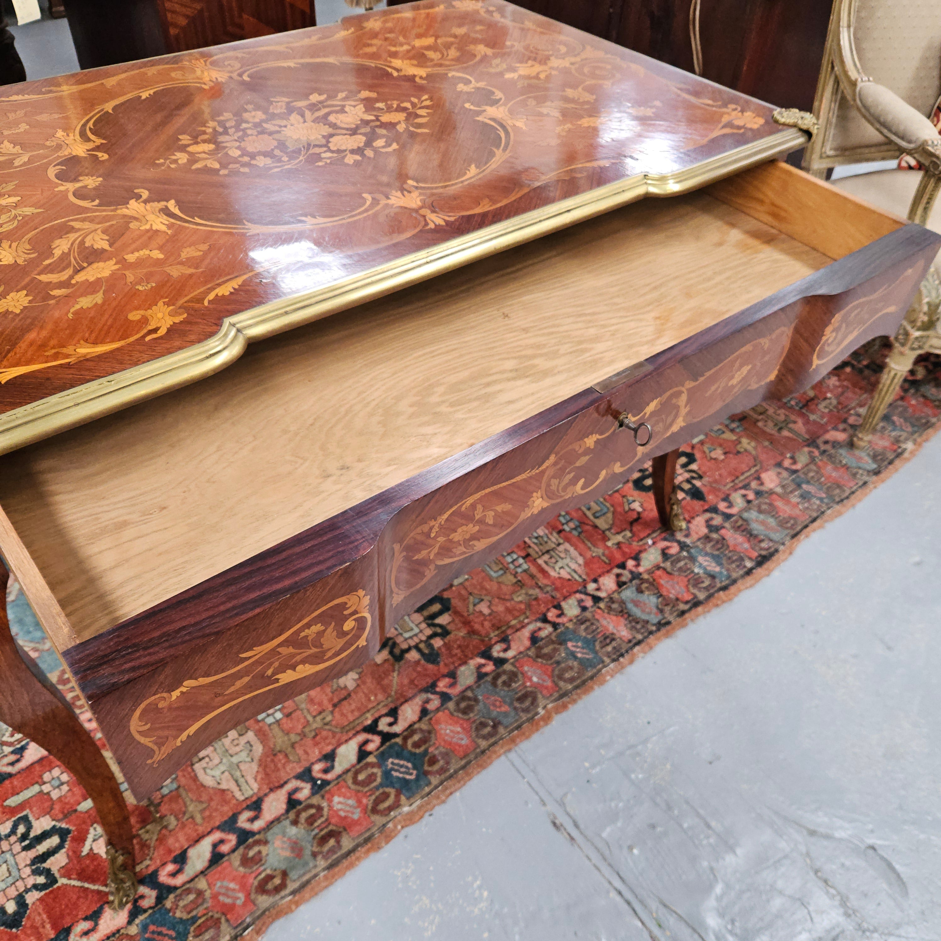Rosewood Louis 15th Style Marquetry Inlaid Bureau Plat Desk | Antique & Vintage | Moonee Ponds Antiques | Australia Wide Delivery