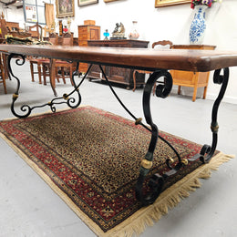 Vintage Fruitwood Spanish Style Refectory Table With Cast Iron Base