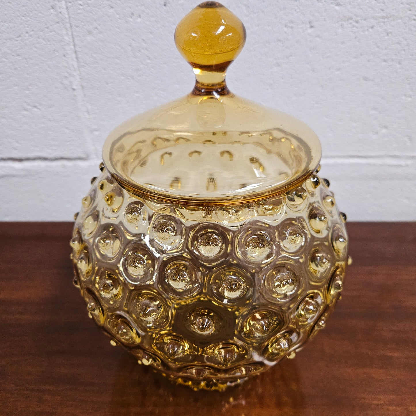 Mid-Century Amber Modern Hobnail Glass Container