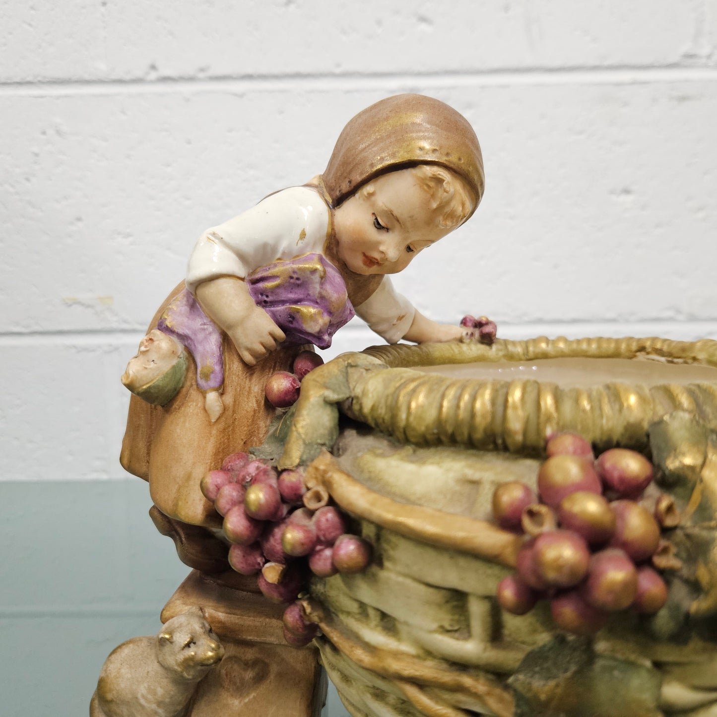 Antique Amphora  Bowl with Girl & Cat & Doll