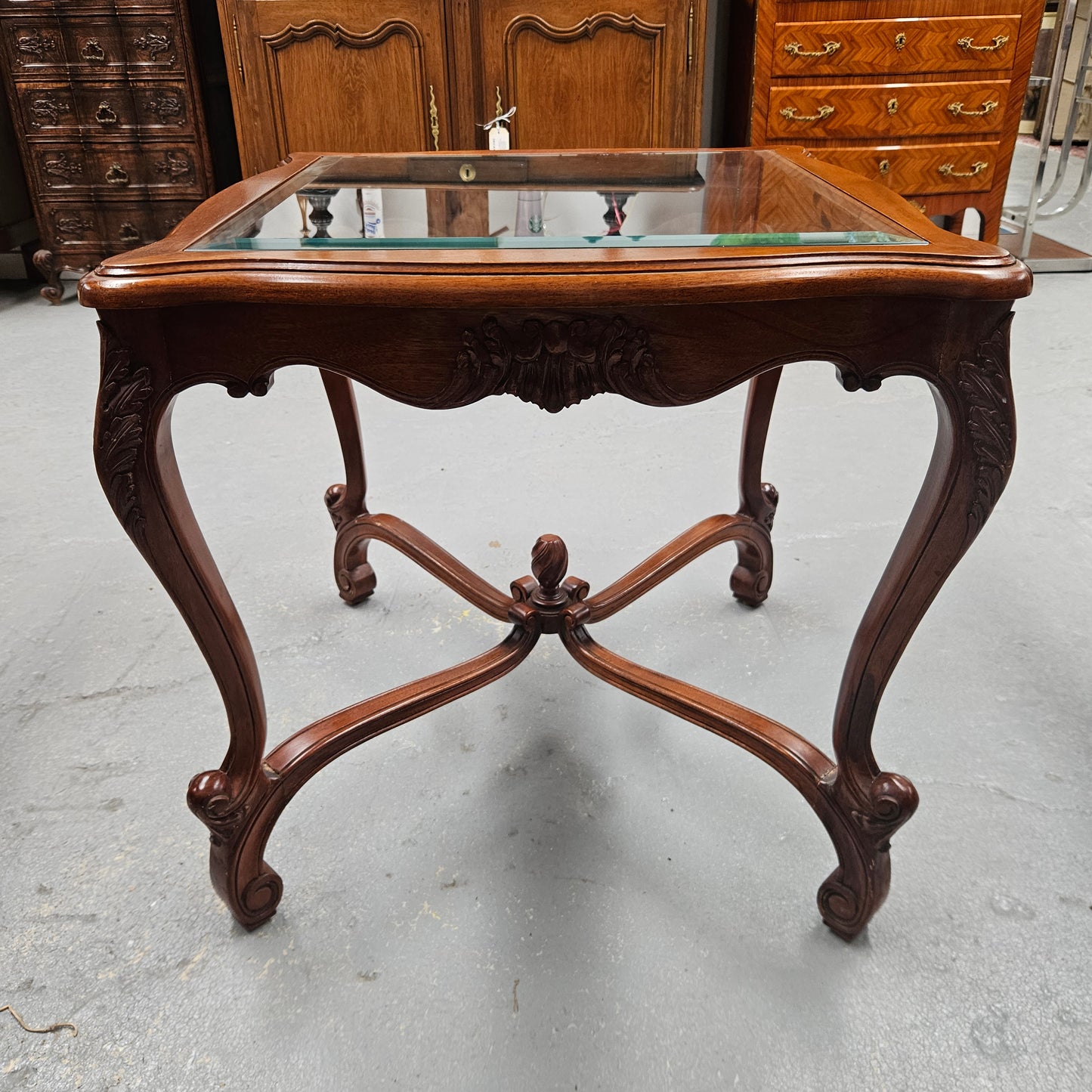 Vintage Mahogany Glass Top Coffee / Side Table Rococo Style