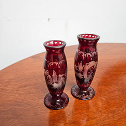 Pair Of Vintage Ruby & Etched Miniature Glass Vase
