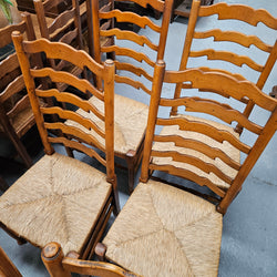 Vintage Set 8 Beech Ladderback Rush Seated Dining Chairs