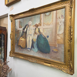 Signed Pierrot pastel behind glass shown at an angle