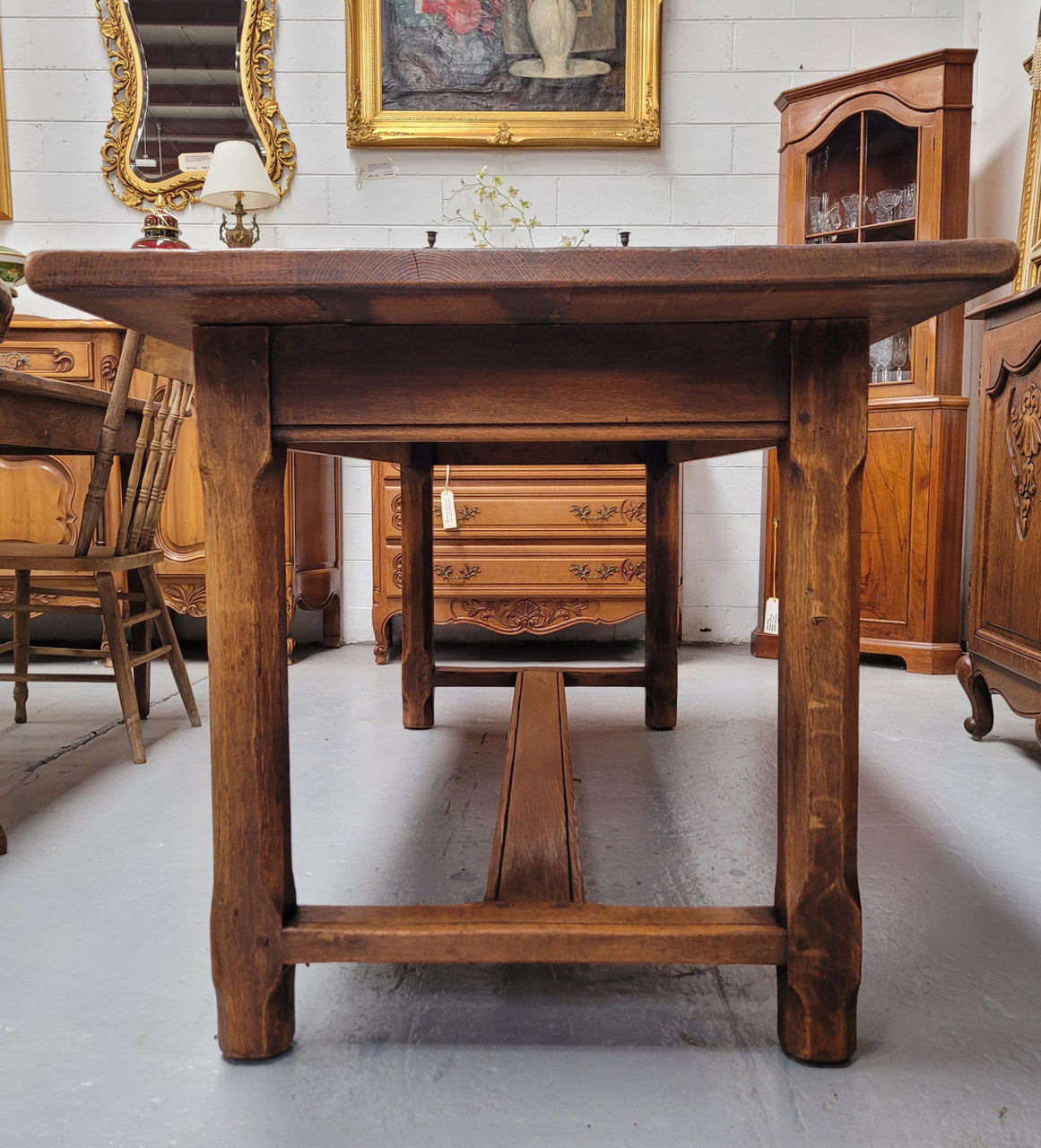 French 2 Meter Oak Stretcher Base Refectory Table