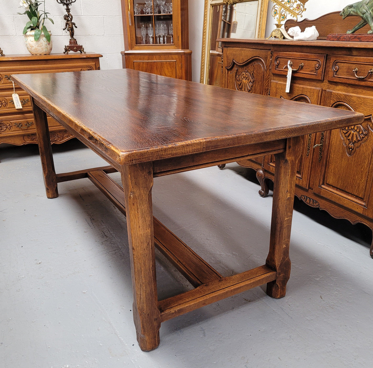 French 2 Meter Oak Stretcher Base Refectory Table