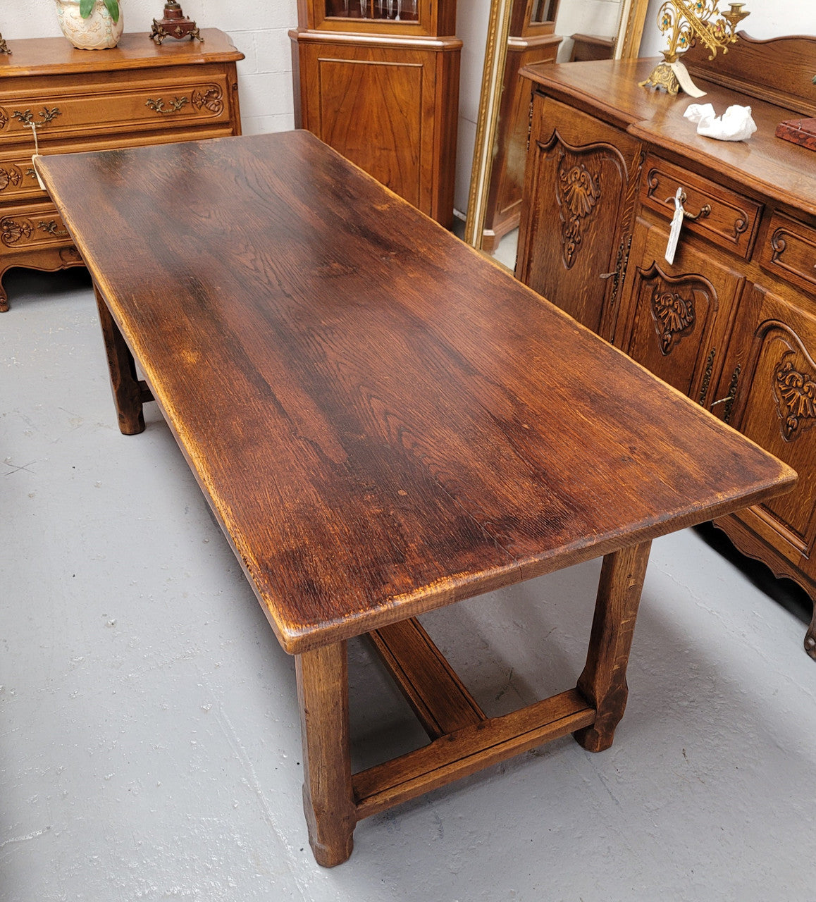 French 2 Meter Oak Stretcher Base Refectory Table