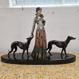 “Friends” Lady With Greyhounds Statue by Demétre Haralamb Chiparus