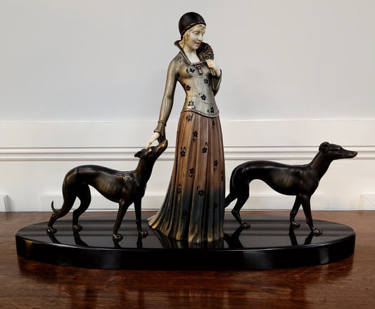 “Friends” Lady With Greyhounds Statue by Demétre Haralamb Chiparus