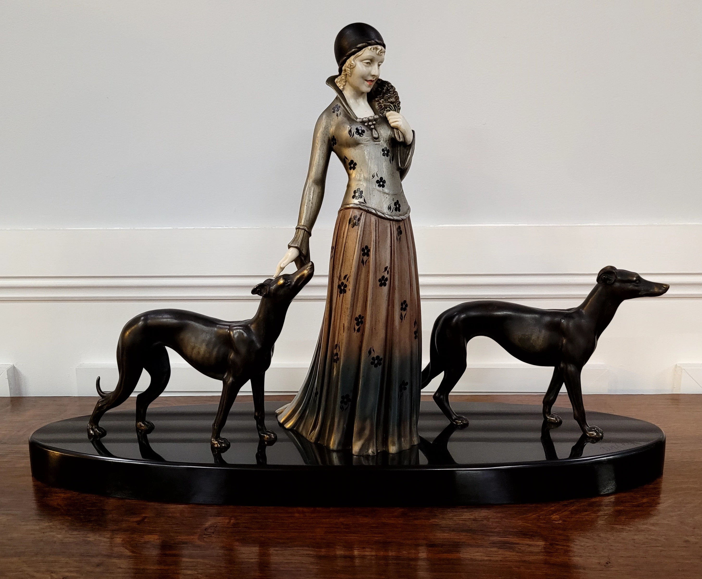 “Friends” Lady With Greyhounds Statue by Demétre Haralamb Chiparus