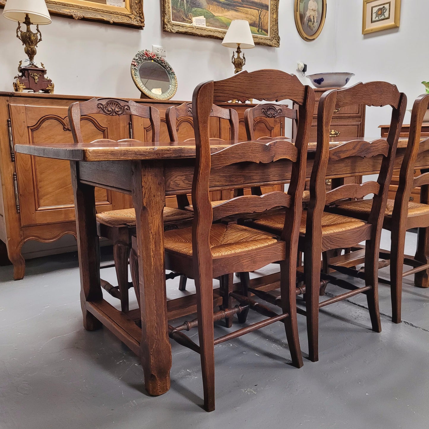 French 2 Meter Oak Stretcher Base Refectory Table