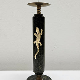 Vintage Marble & Brass Candle Stick Holder Featuring Lizard