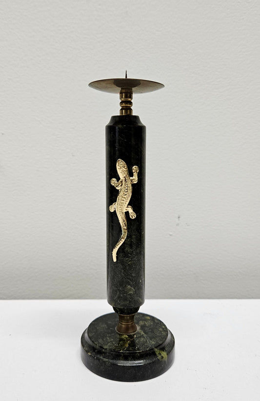 Vintage Marble & Brass Candle Stick Holder Featuring Lizard