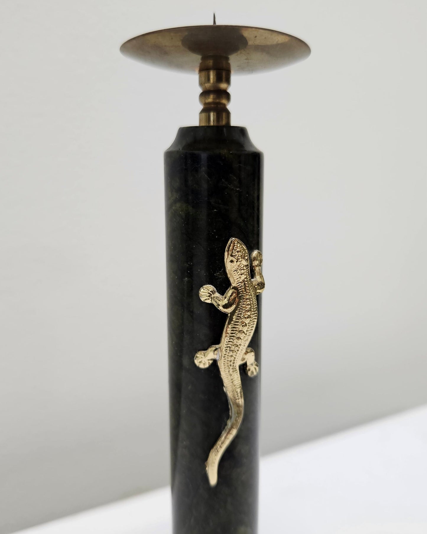 Vintage Marble & Brass Candle Stick Holder Featuring Lizard