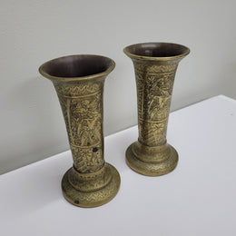 Antique Pair Of Hand Engraved Indo-Persian Brass Vases