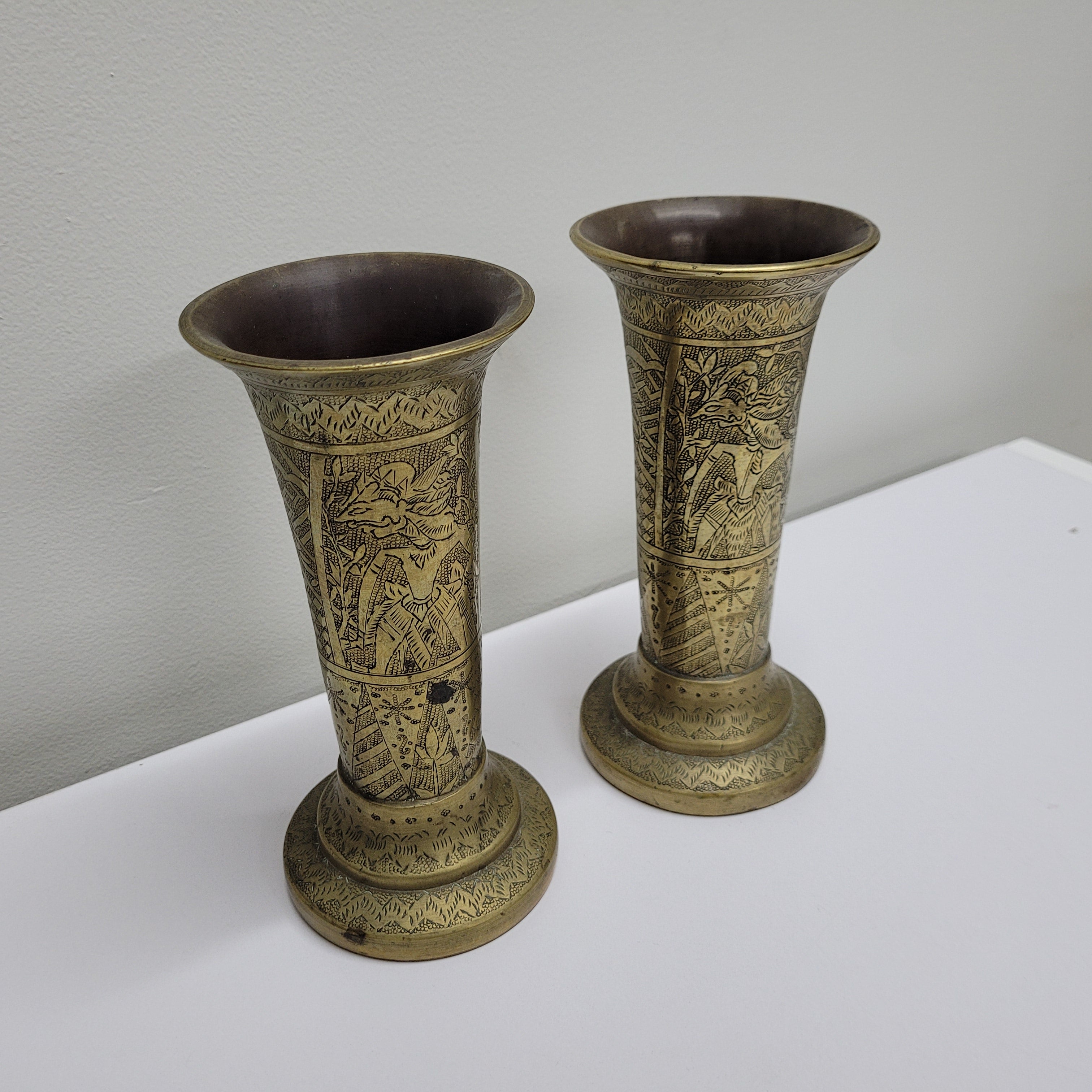 Antique Pair Of Hand Engraved Indo-Persian Brass Vases | Antique & Vintage | Moonee Ponds Antiques | Australia Wide
