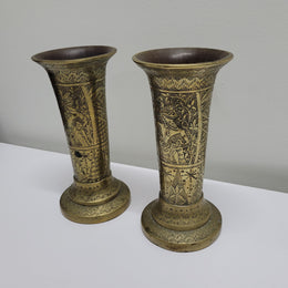 Antique Pair Of Hand Engraved Indo-Persian Brass Vases