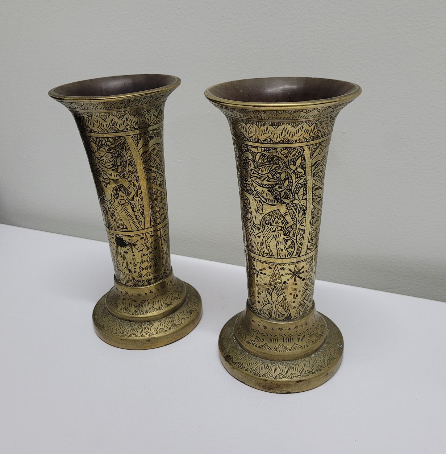 Antique Pair Of Hand Engraved Indo-Persian Brass Vases