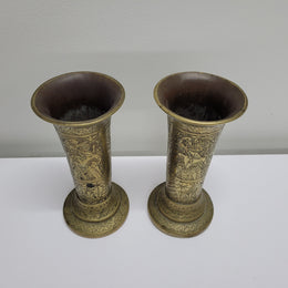 Antique Pair Of Hand Engraved Indo-Persian Brass Vases