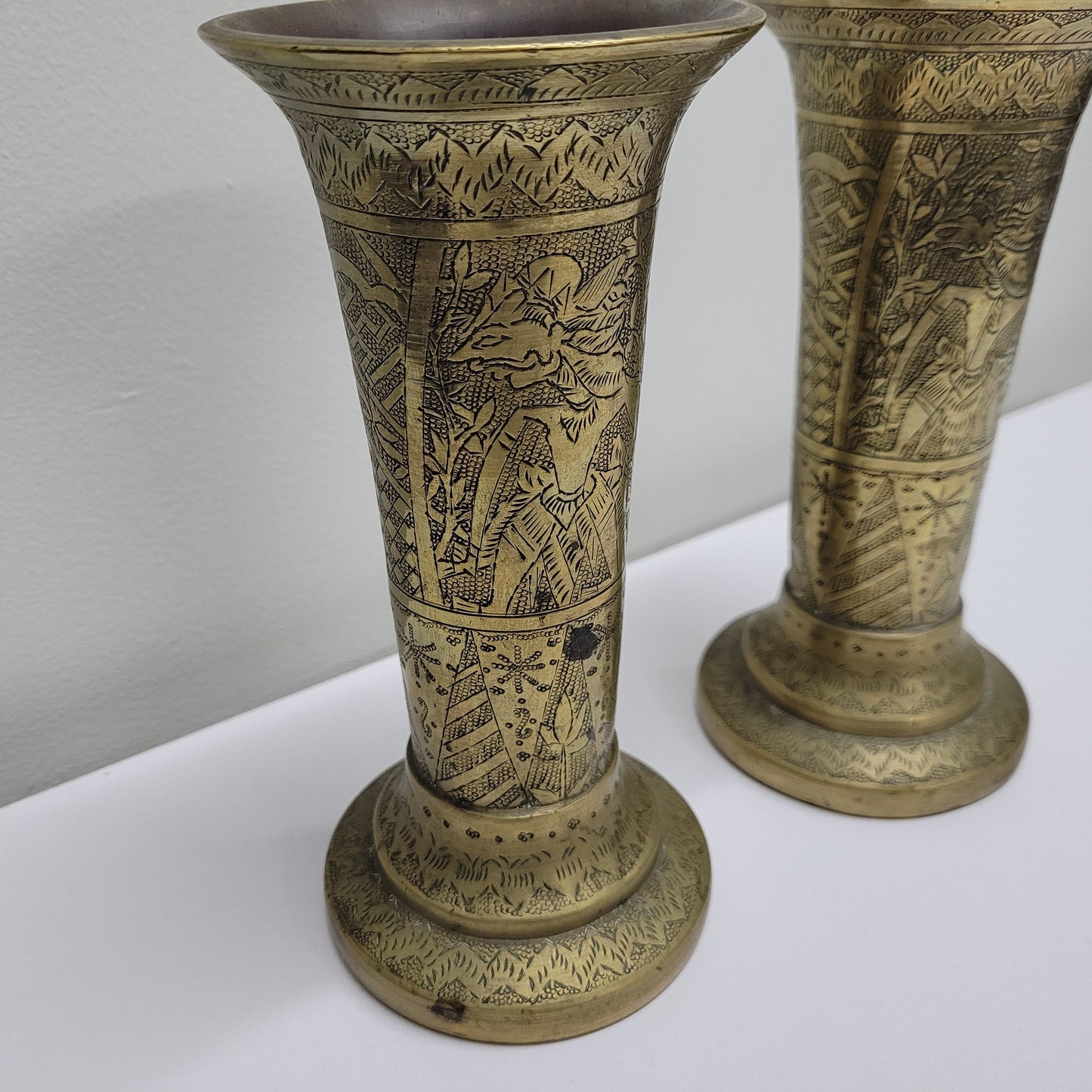 Antique Pair Of Hand Engraved Indo-Persian Brass Vases