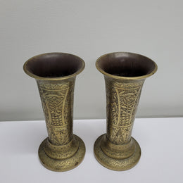 Antique Pair Of Hand Engraved Indo-Persian Brass Vases