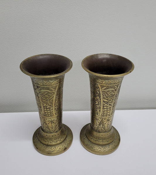 Antique Pair Of Hand Engraved Indo-Persian Brass Vases