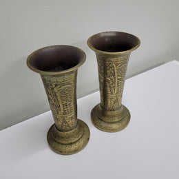 Antique Pair Of Hand Engraved Indo-Persian Brass Vases