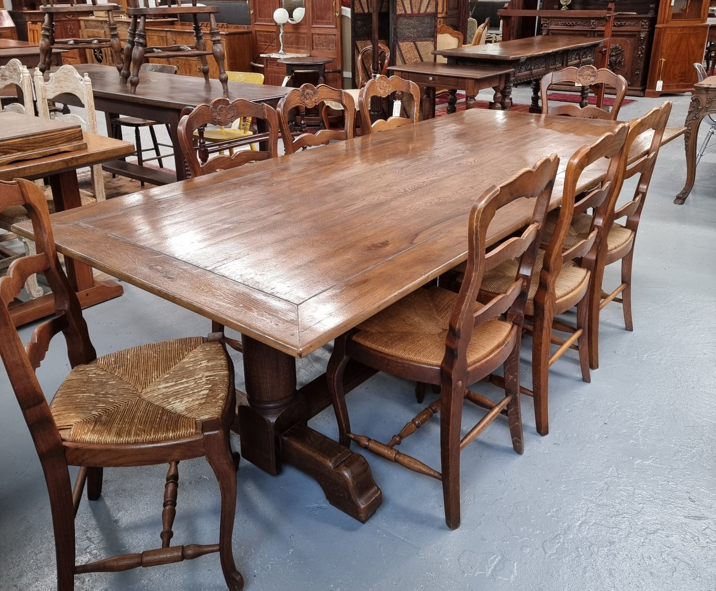 Fruitwood Top Oak Base Pedestal Dining Table