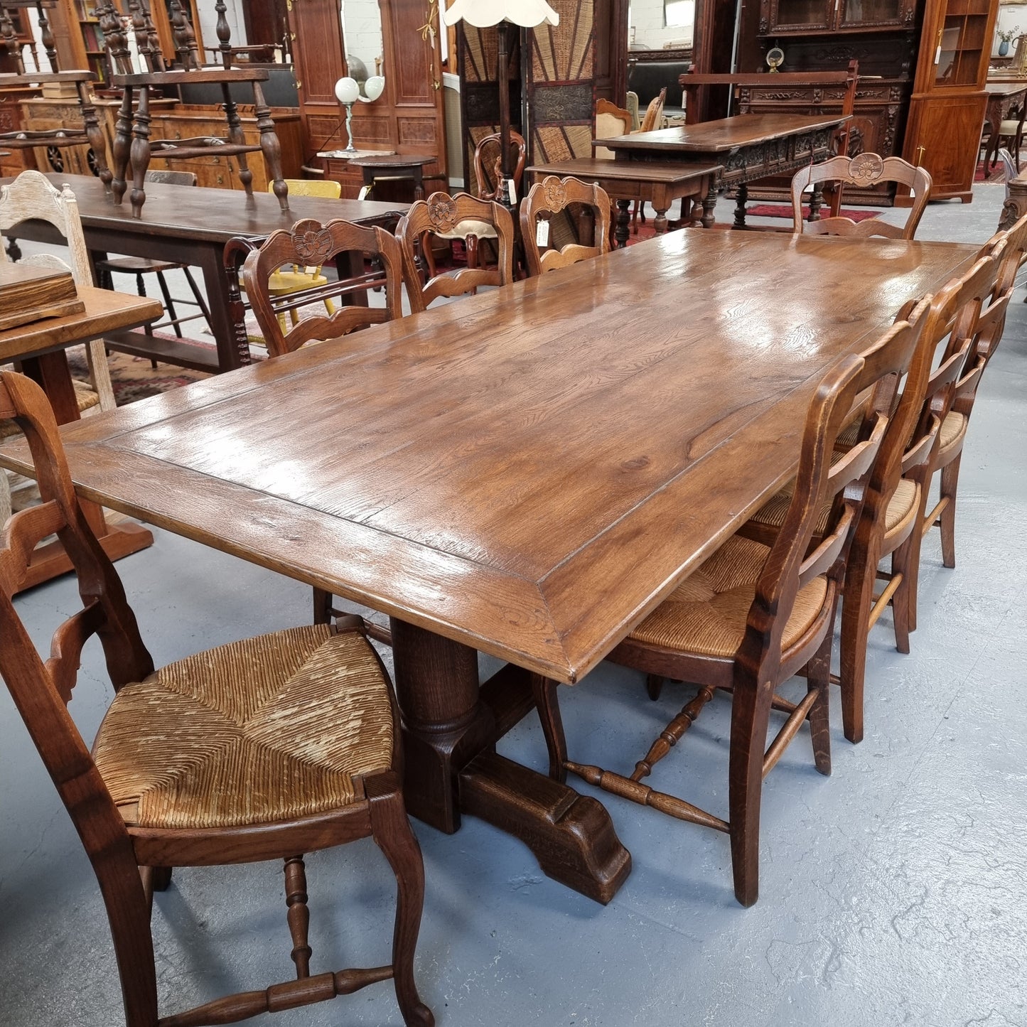 Fruitwood Top Oak Base Pedestal Dining Table