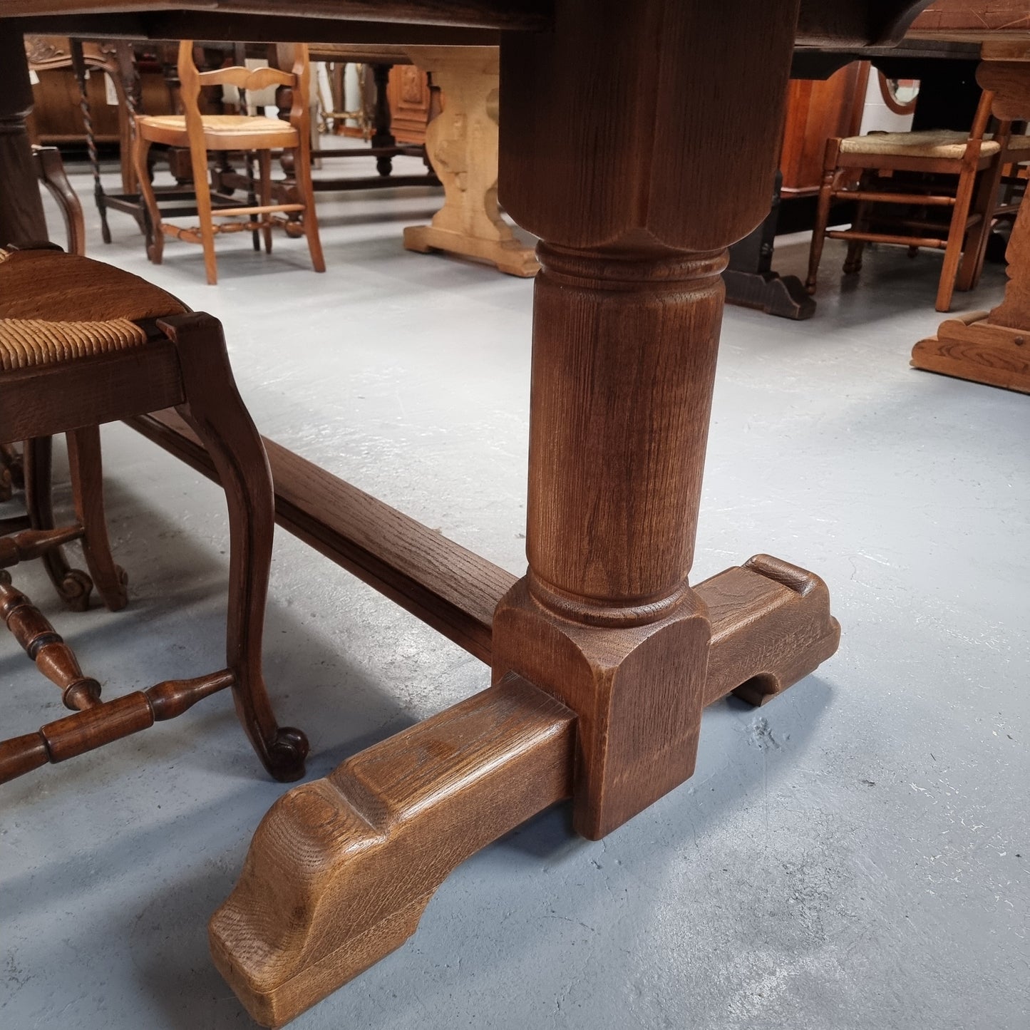 Fruitwood Top Oak Base Pedestal Dining Table