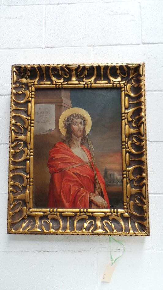 Superbly Painted Oil On Canvas Of Jesus In An Ornate Antique Gilt Decorated Frame.