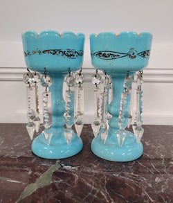 Pair of Blue Opaline Glass Victorian Lustre Vases | Antique & Vintage | Moonee Ponds Antiques | Australia Wide Delivery