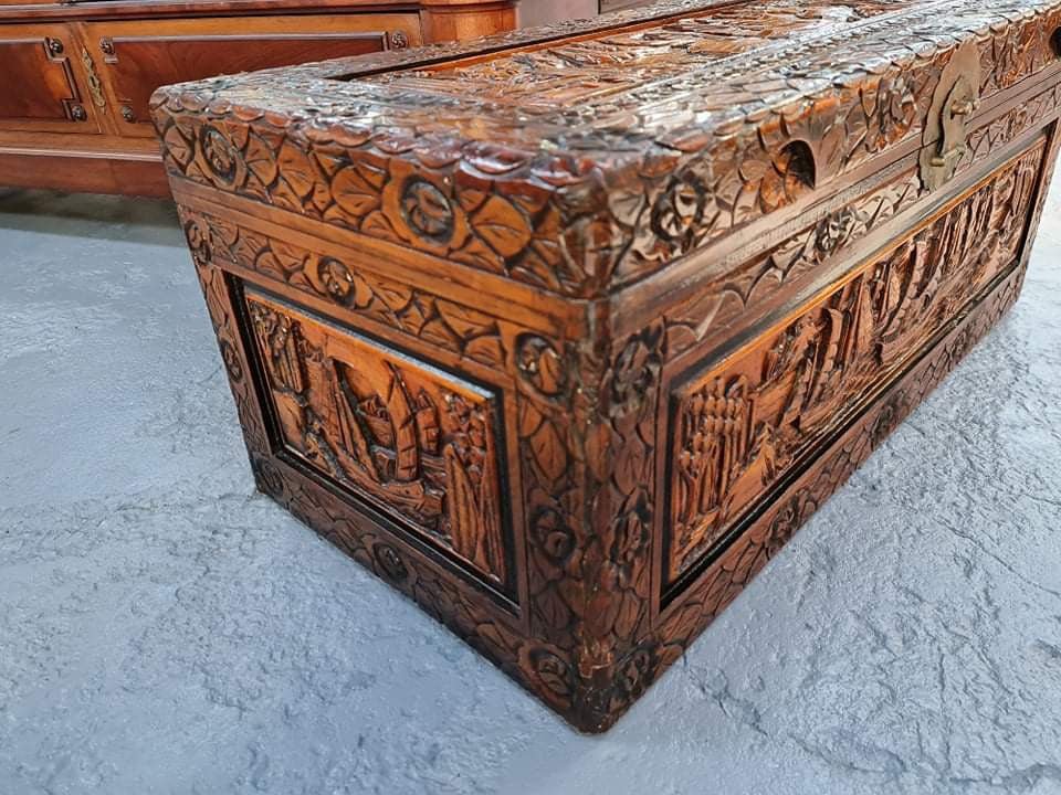 Charming Vintage Medium Size Camphor Wood Chest with Brass Closure. In original detailed condition.