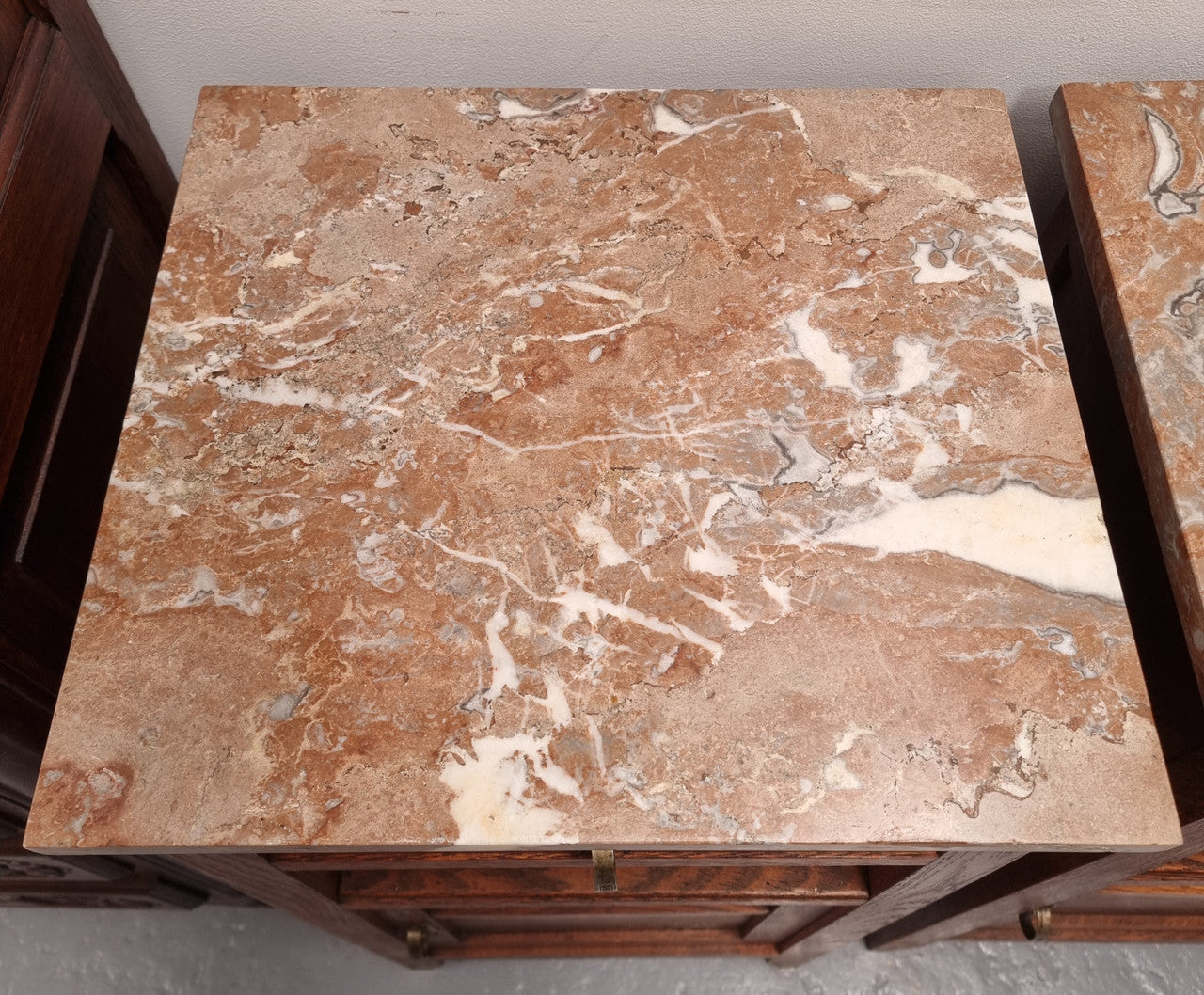 Pair of French Oak Arts & Crafts Marble Top Bedsides
