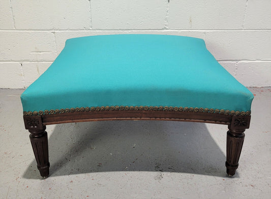 Louis XVI style Walnut blue upholstered large square foot stool. In good original condition.