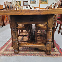 Large impressive 19th century 2.5 meter Antique French Oak farmhouse table. Loads of character with a stunning solid thick top and has a long drawer at one end. Sourced from France and in good original detailed condition.
